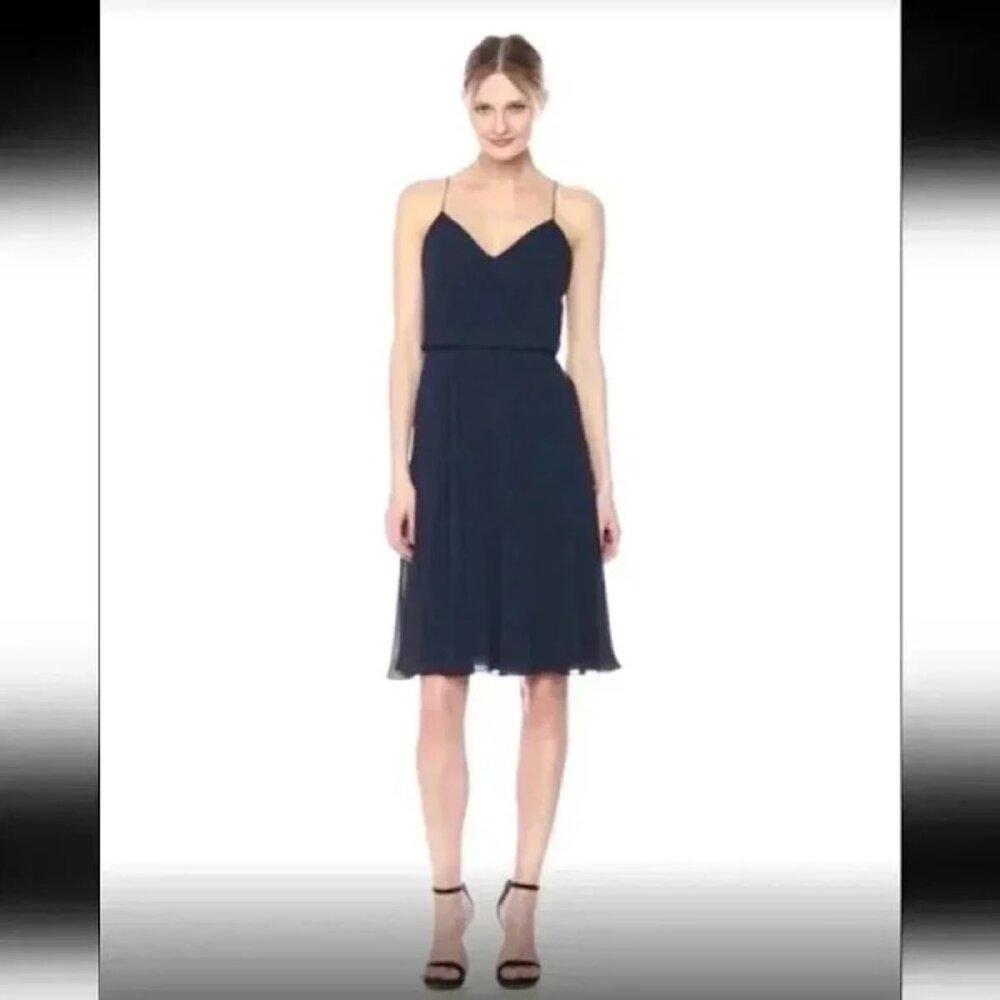 Jenny Yoo Collection Sienna V-Neck Chiffon Dress Navy Blue Size 6